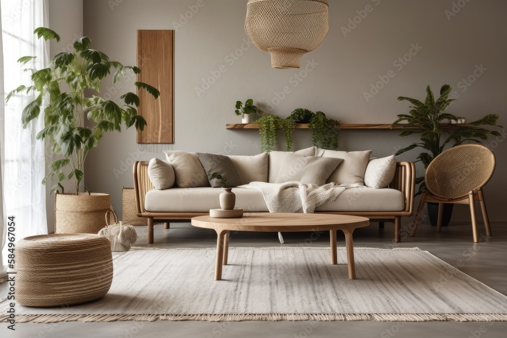 Contemporary interior design with grey couch, coffee table, macrame, plants, carpet, and stylish acc