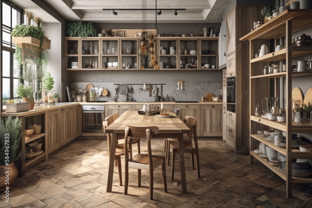 Gray beige wood kitchen with island and chairs. Shelves, cabinets, and parquet. Farmhouse boho decor