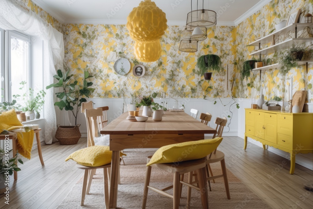 White and yellow farmhouse dining room. Floral wallpaper, seats, table. Japanese interiors. Generati