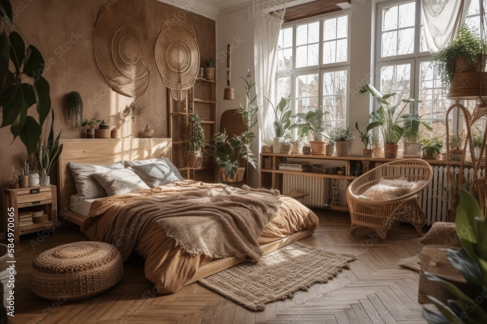 Boho eco bedroom. Wicker armchair, double bed with brown blanket, wooden dresser table, potted plant