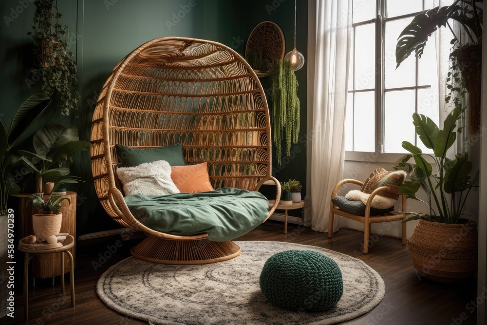 Modern boho. Rattan peacock chair, huge green ficus, and cushion bed. Generative AI