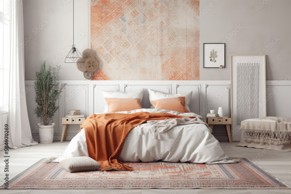 Scandi–Boho bedroom wall mockup, backdrop,. Generative AI