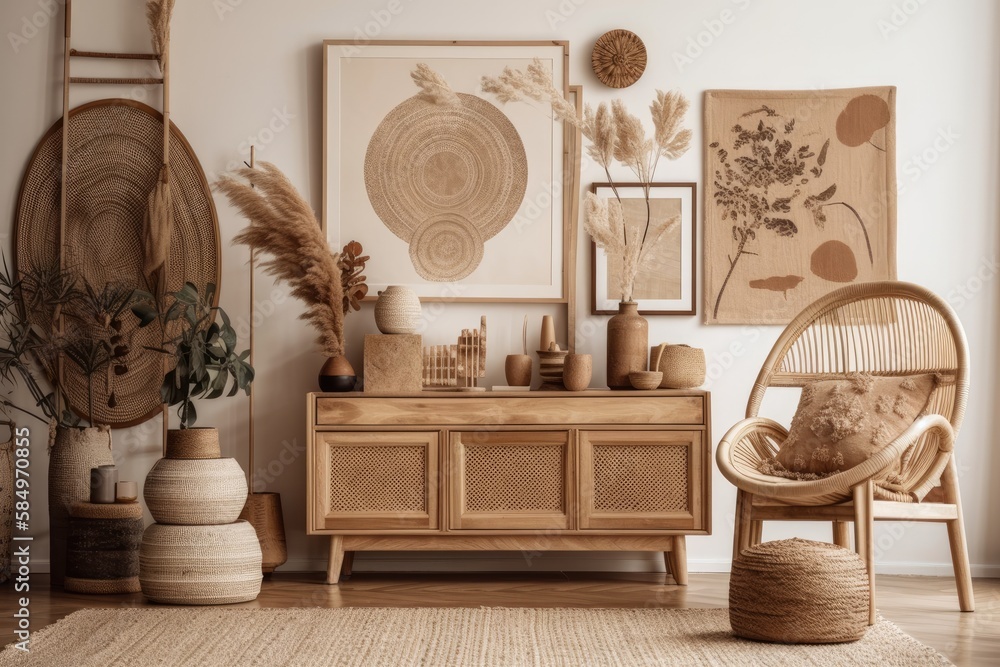 Beige bohemian living room with imitation poster frame, exquisite decorations, dried flowers in vase