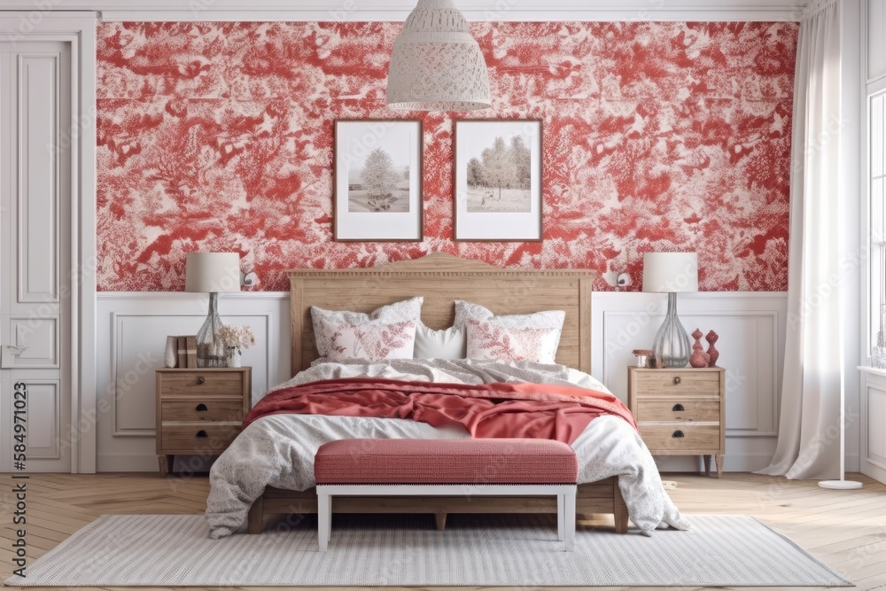 White and red farmhouse bedroom with frame mockup. Wallpaper, parquet, and wood. Boho decor,. Genera