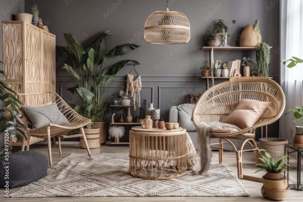 Bohemian apartment interior design with rattan armchair, gray couch, cube, flowers, macrame, bamboo 