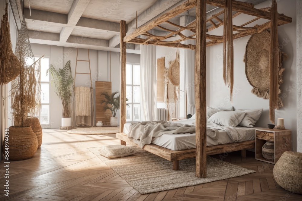 Blurred background, boho canopy bed bedroom. Parquet, ethnic carpets. Rattan and wood. Boho decor,. 