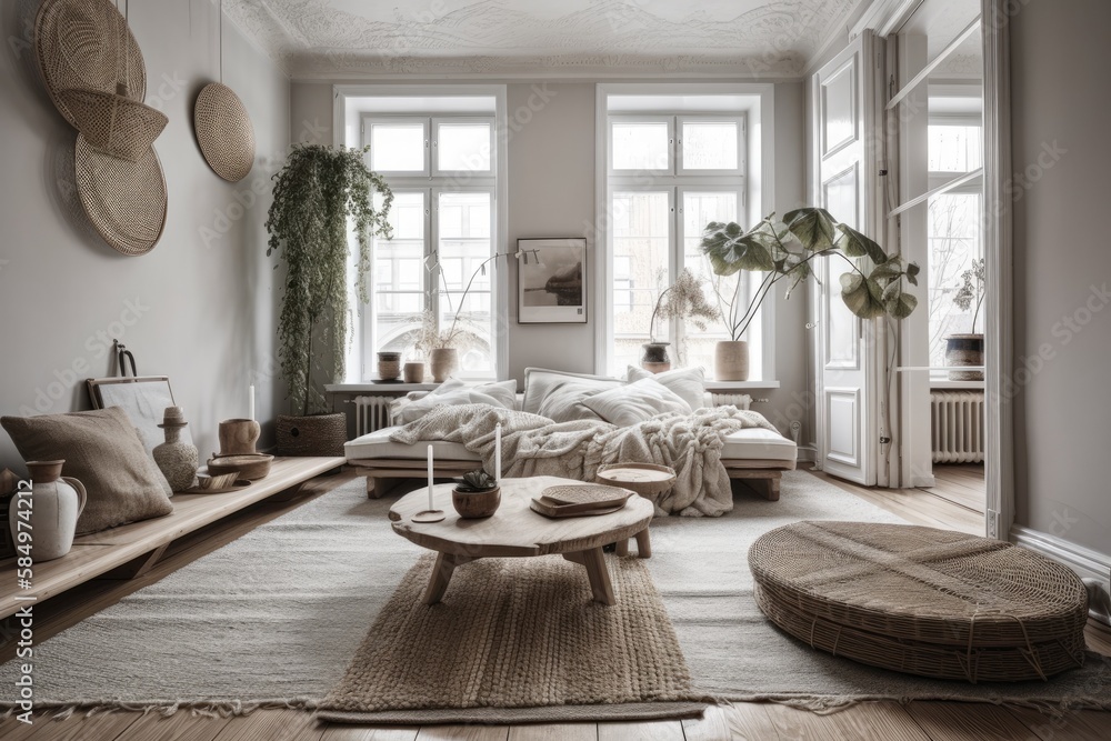 Boho inspired scandinavian home design. Decoration. Boho. Generative AI