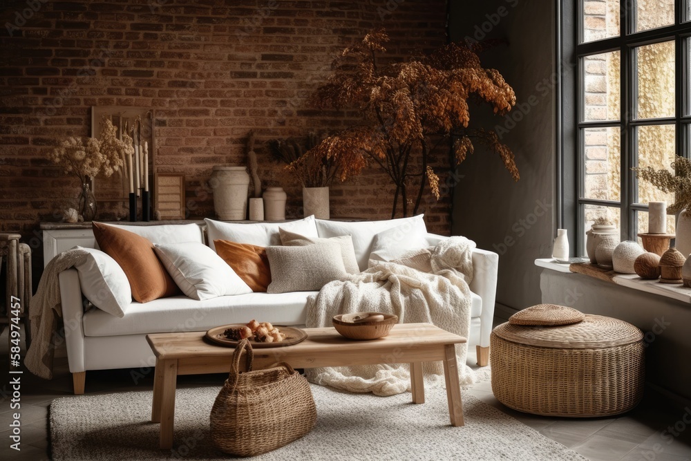 Comfortable house interior. Contemporary rustic living room with white couch and dried flower wicker