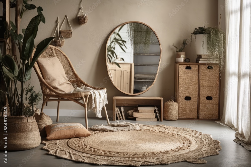 Modern bohemian interior. Rug, wicker chair, and large mirror. Horizontal image. Generative AI