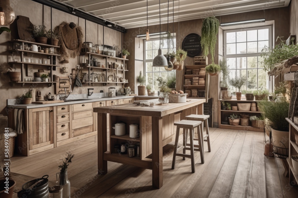 White and beige rustic wooden kitchen with island and chairs. parquet, shelves, cabinets. Farmhouse 