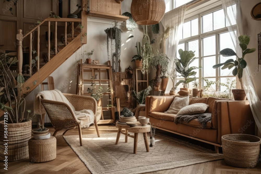 Boho country mezzanine living room. Sofa, rattan armchair, bleached wooden side table. Jute carpet, 