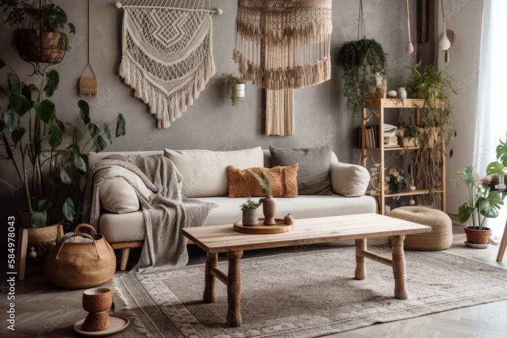 Bohemian living room with gray couch, wooden coffee table, beige macrame, rattan lamp, plants, plaid