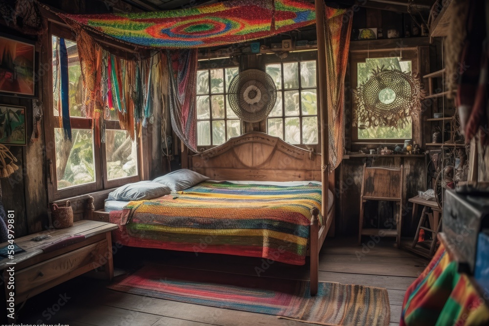 Hippie style wooden room with colorful blanket covered bed. Dreamcatcher, baldachin. Generative AI