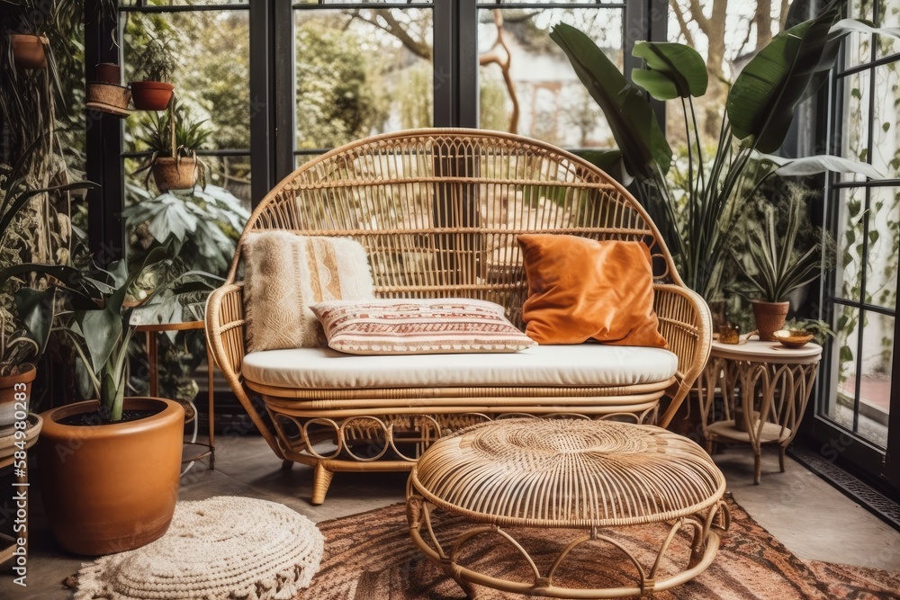 Boho patio rattan couch with cushion. Generative AI