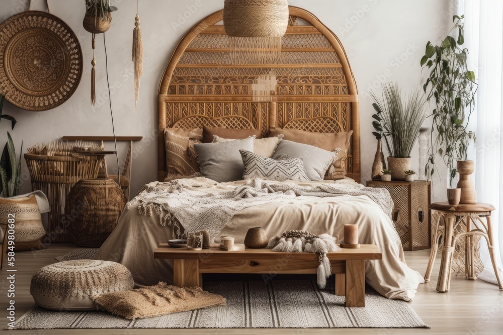 Comfortable boho bedroom with cushion, comforter, bamboo dressing screen, home décor, and dried plan