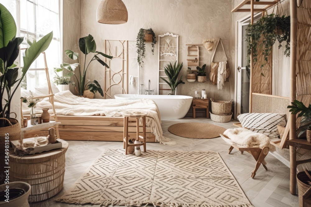 White and beige bohemian wooden bathroom and bedroom. Bathtub, bed, towel rack, potted plants. Tropi