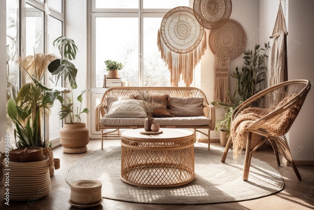 Decoration. Comfy wicker furniture, rattan armchair with cushions, bamboo coffee table, and macrame 