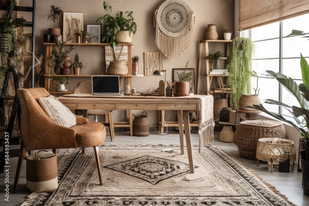 Contemporary boho home office space with wooden desk, elegant armchair, bamboo shelf, carpet, macram