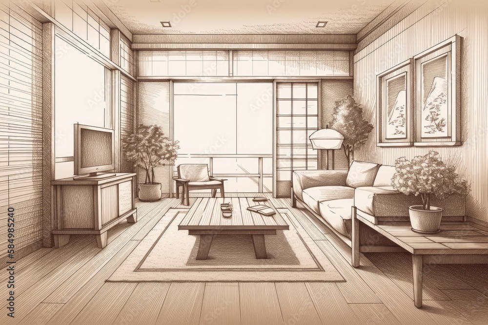 Unfinished Japanese living room blueprint. Hardwood dresser with frame prototype. Marmoleum. Modern 