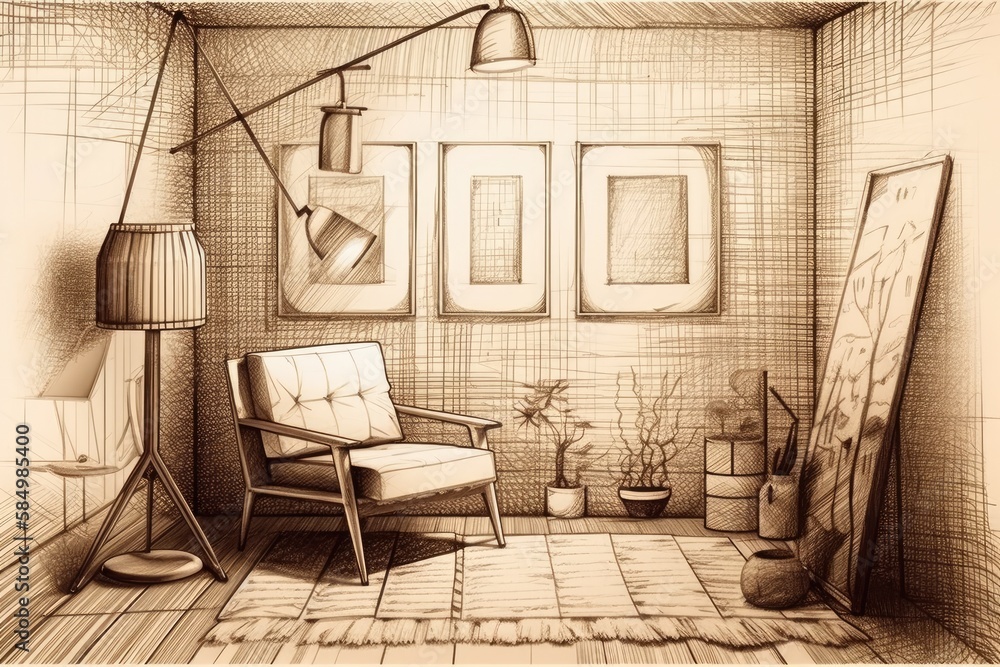 Sketch of room with blank horizontal poster and macrame on wall, newspaper stand near armchair with 