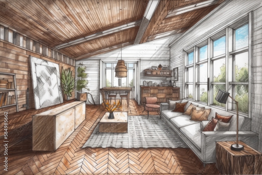 Architect interior designer concept hand drawn draft unfinished project becomes farmhouse living roo