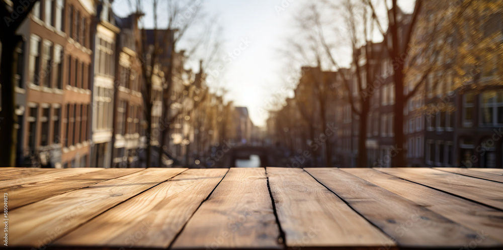 Wood table mockup with Amsterdam city street in shallow depth of field. Copy space for product. Gene