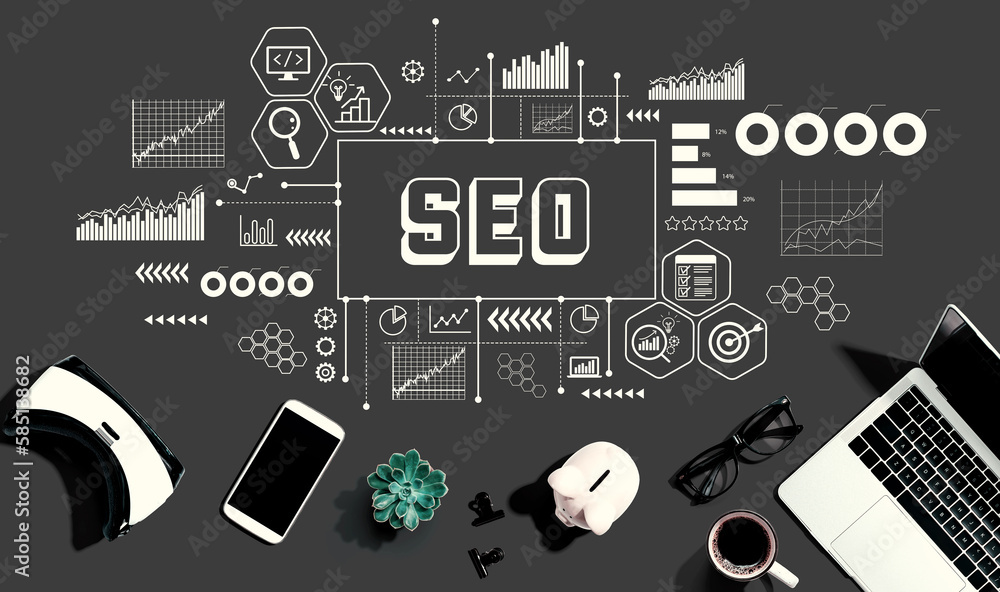 SEO - Search Engine Optimization theme with electronic gadgets and office supplies - flat lay