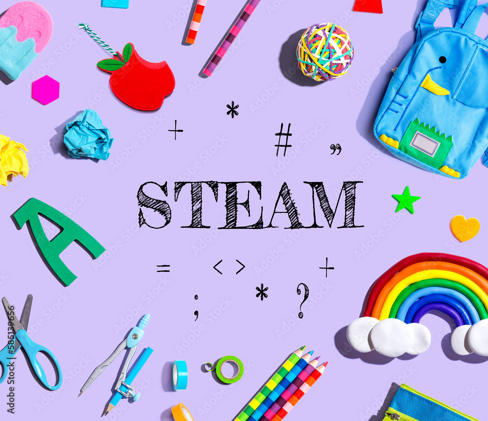 STEAM theme with school supplies on a purple background - flat lay