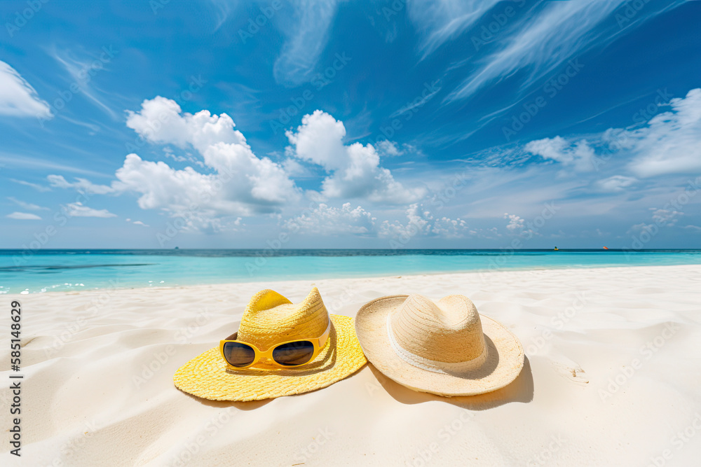 Concept summer beach holiday. Hat, frangipani flower, sunglasses, towel, yellow beach Slippers on sa