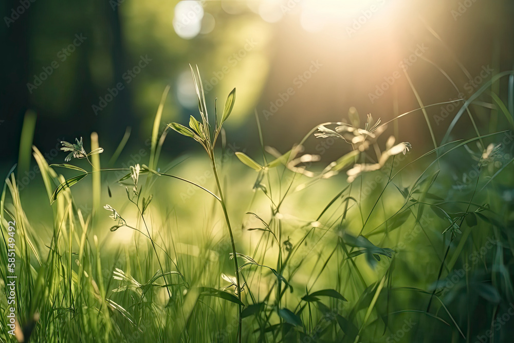 Natural green defocused spring summer blurred background with sunshine. Juicy young grass and foliag