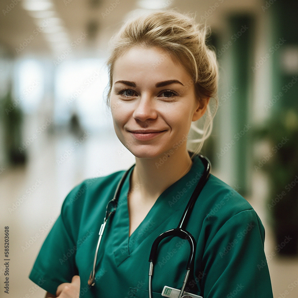 Professional nurse, doctor or hospital physician, with a natural portrait style. Woman or female wit