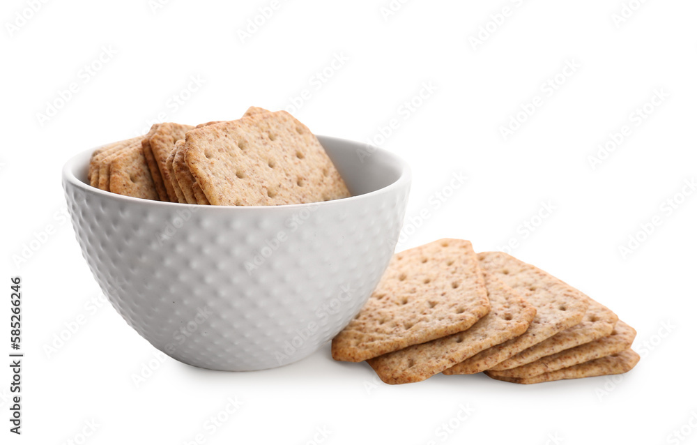 Bowl with tasty crackers isolated on white background