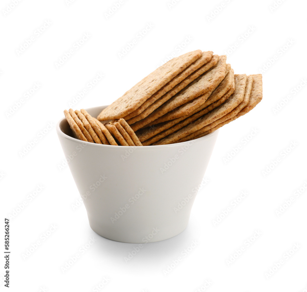 Bowl with tasty crackers isolated on white background