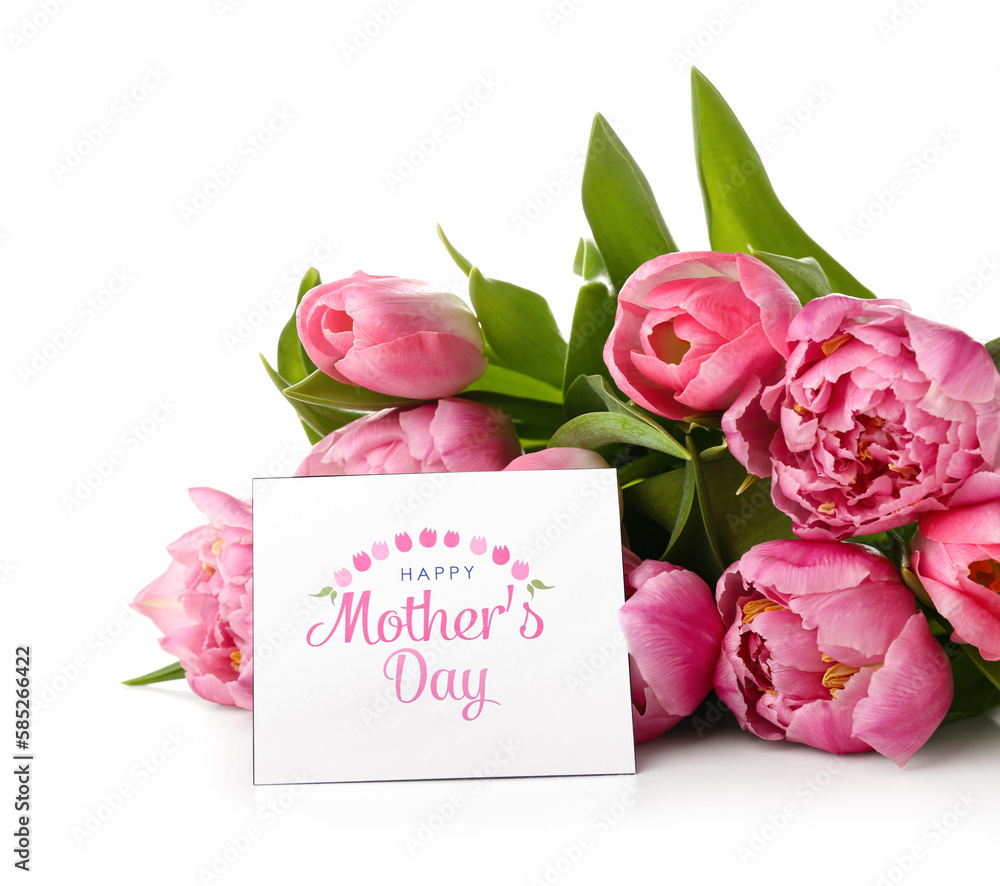 Card with text HAPPY MOTHERS DAY and beautiful tulip flowers isolated on white background