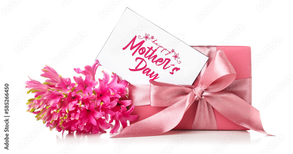 Card with text HAPPY MOTHERS DAY, beautiful hyacinth flower and gift isolated on white background