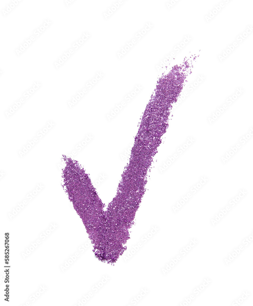 Check mark made of purple eyeshadows on white background