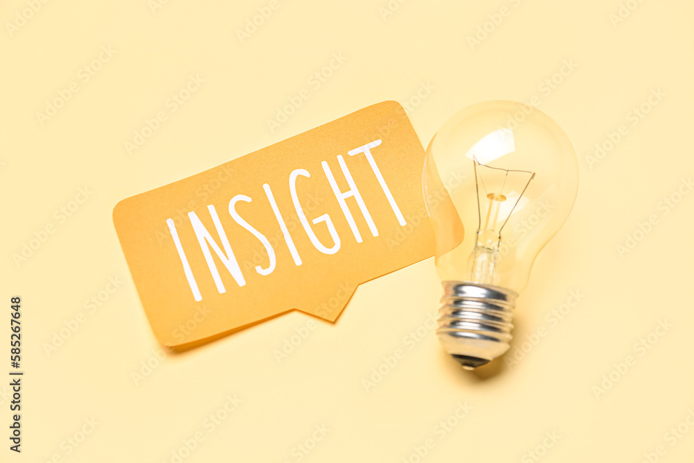 Speech bubble with word INSIGHT and light bulb on beige background