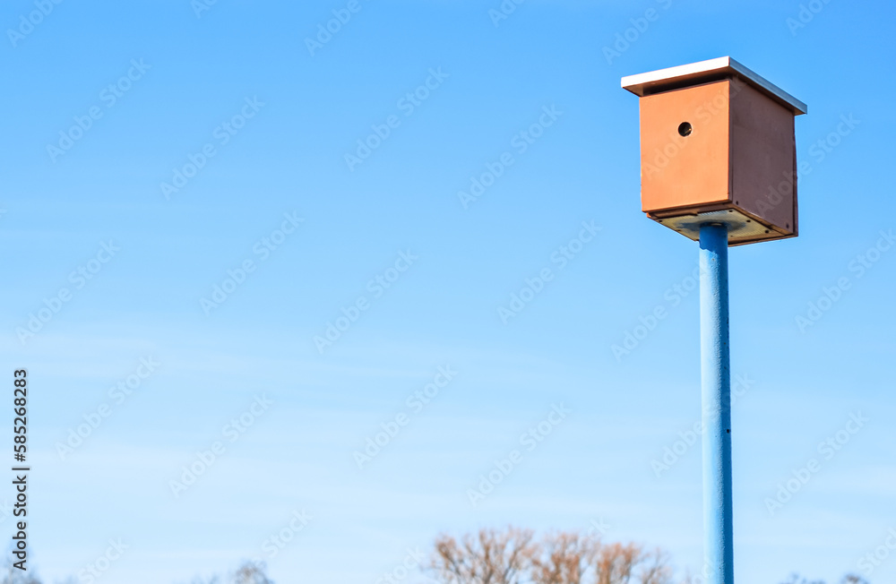 View of wooden bird house against blue sky