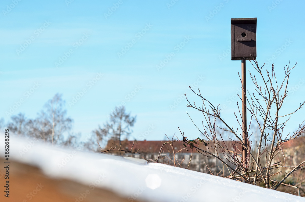 View of wooden bird house in village