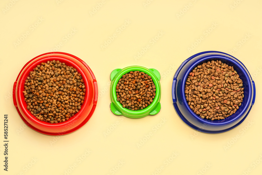 Different bowls with dry pet food on color background