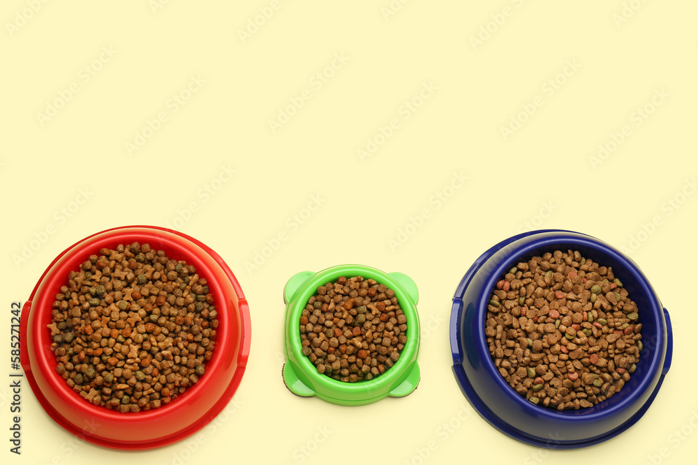 Different bowls with dry pet food on color background