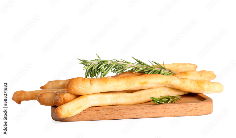 Wooden board with tasty Italian Grissini on white background