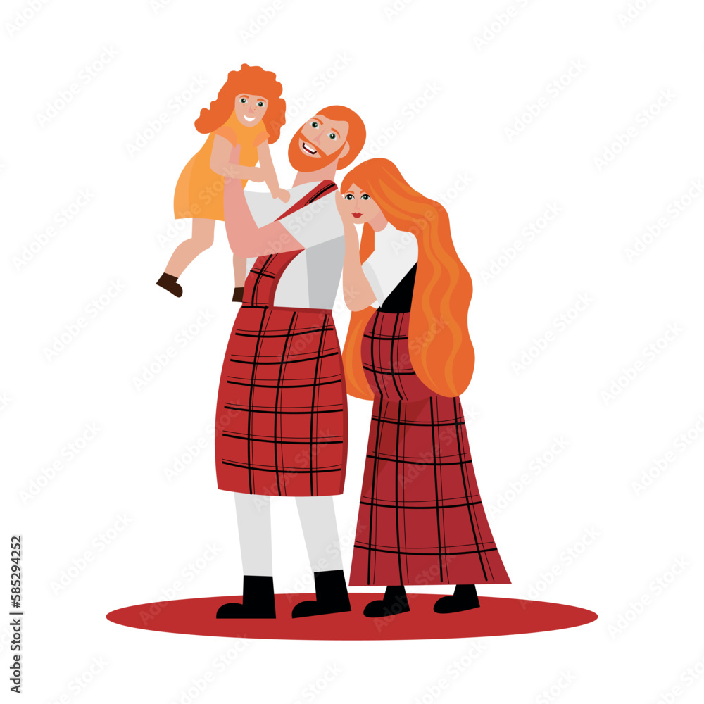 Happy Scottish family on white background