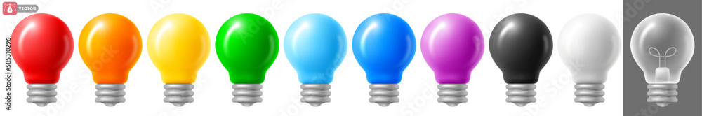 Set of Light bulbs in 3d minimal style. Colorful and transparent incandescent lightbulb. Inspiration