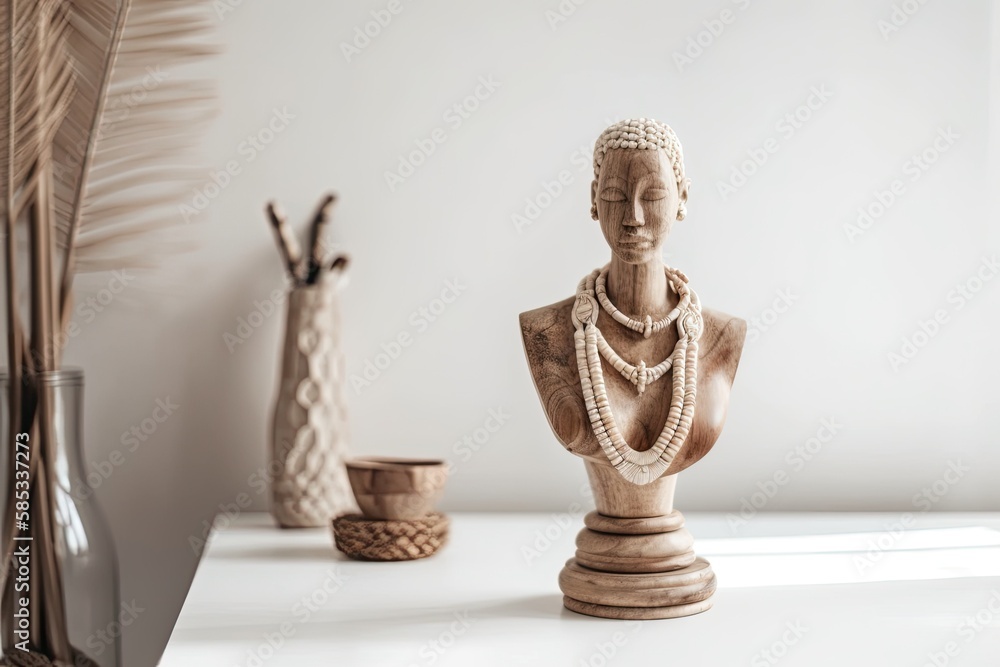 wooden neck statuette stand on white. Modern, boho, scandinavian, and minimal details. eco design in