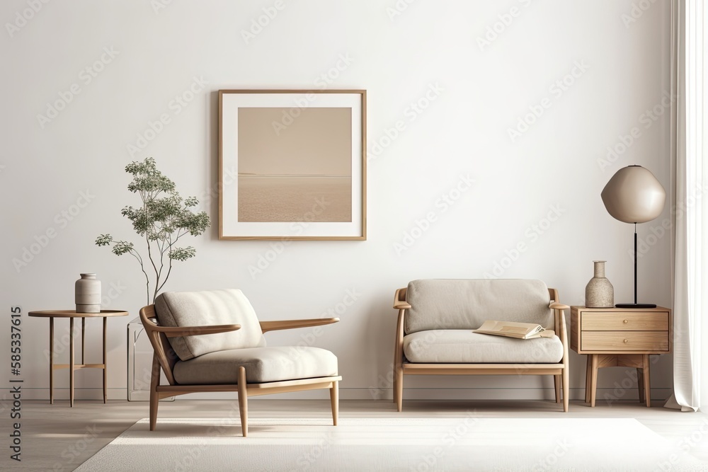 horizontal frame mockup in contemporary living room decor with beige armchair and coffee table with 