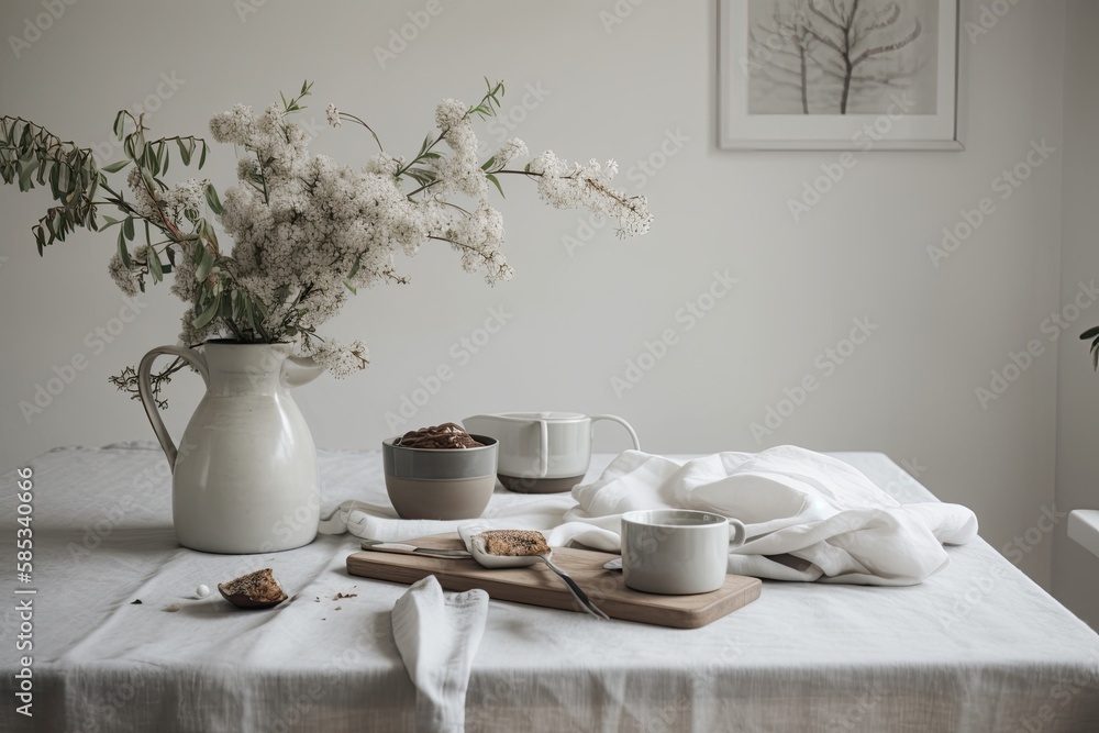 Scandinavian interior design. Coffee and flowers on linen table. White wall. Breakfast, morning. Gen