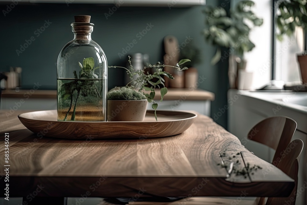 Tabletop vase with green plant. Minimalist Nordic kitchen with wooden and antique accents. Photograp