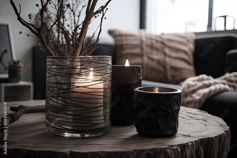 Living room décor closeup. Beautiful arrangement with white wall, dried plants and branches in ceram