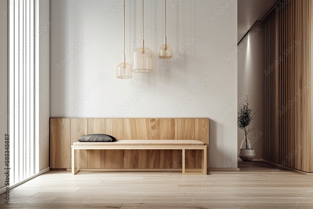 Wooden seat near white wall. Generative AI